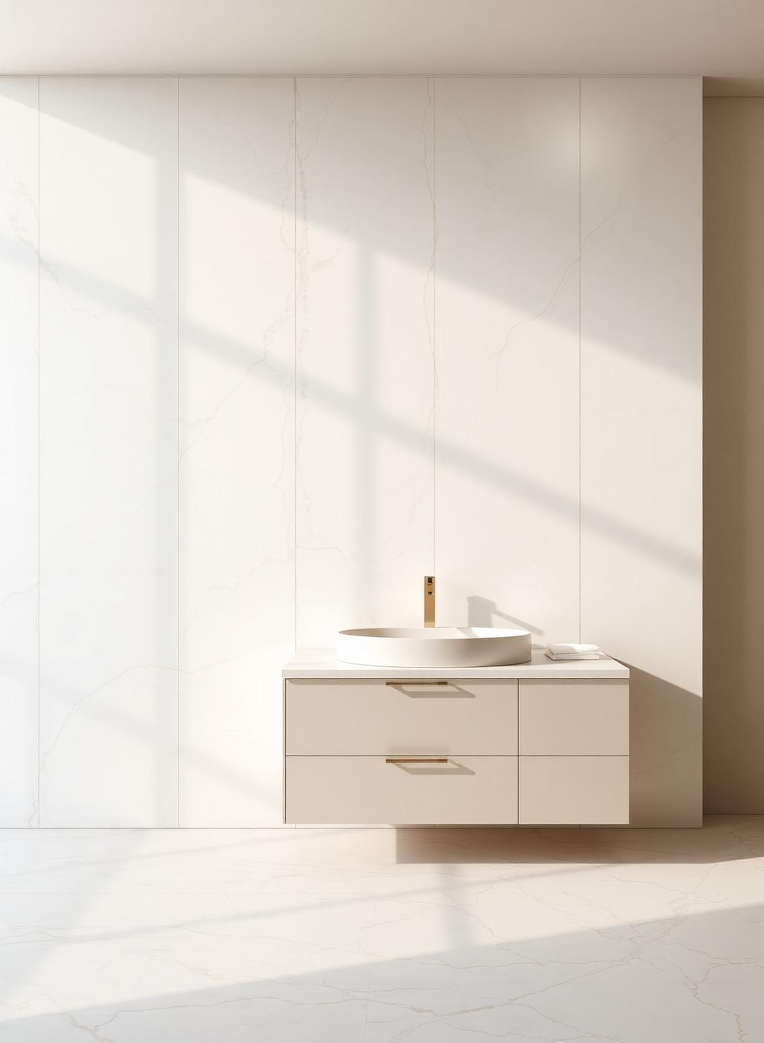 Warm white porcelain wall and vanity in soft daylight